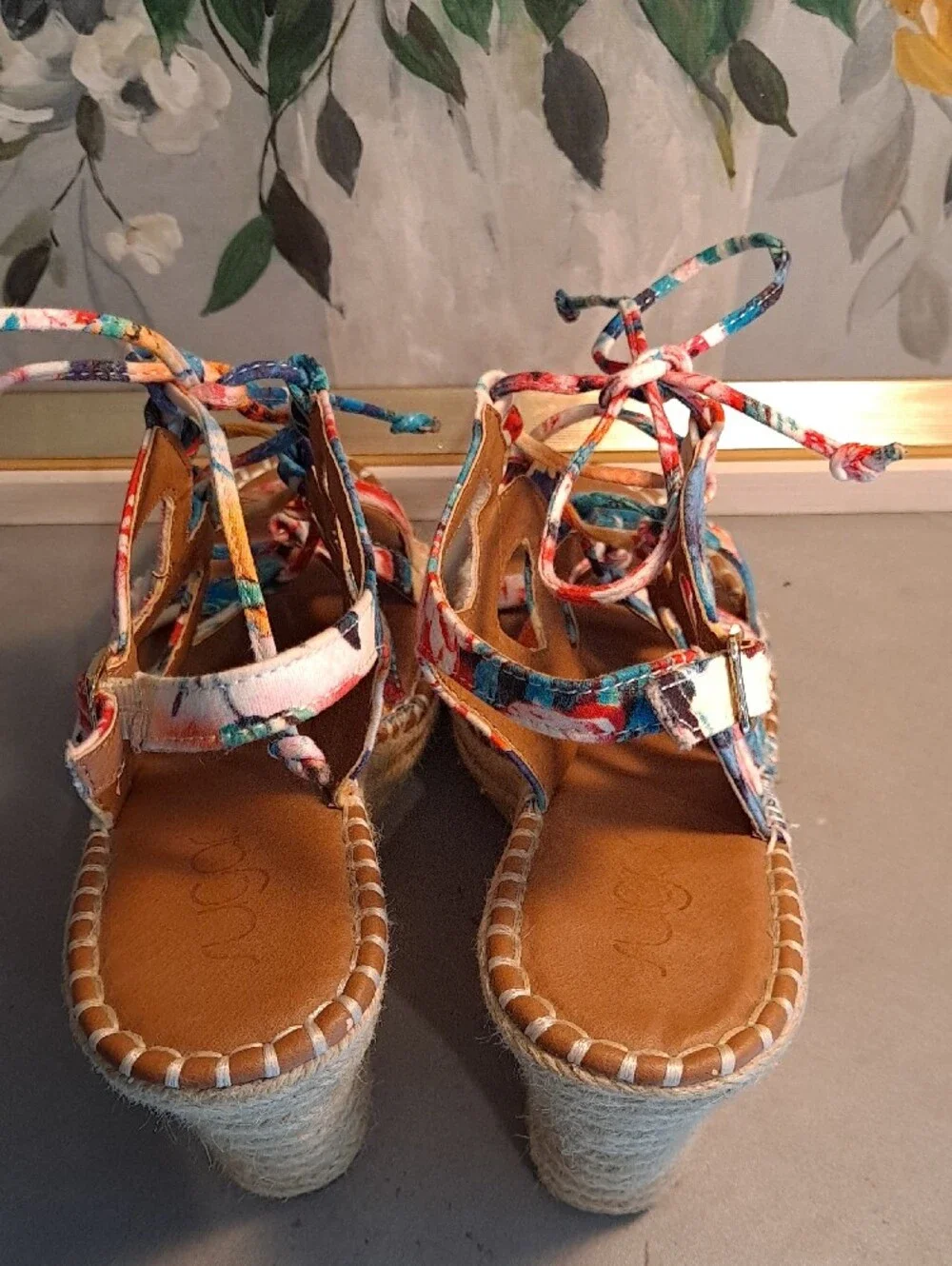 Sugar Hula Multicolor Floral Strappy Lace-Up Espadrille Jute Wedge Sandals